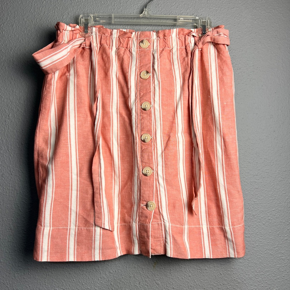 LOFT Coral Sm White Striped Linen Blend Coastal Button Front Paperbag Mini Skirt